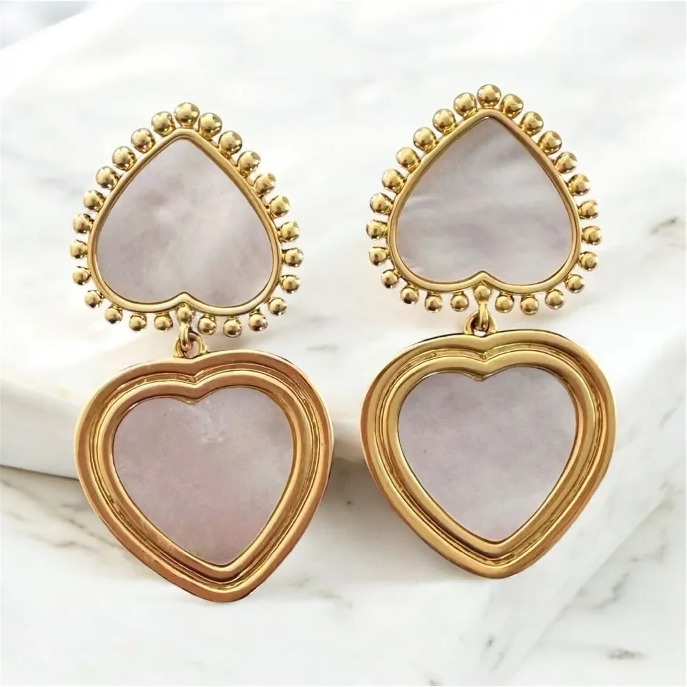 TORY BURCH Elegant Gold and White Heart Earrings
